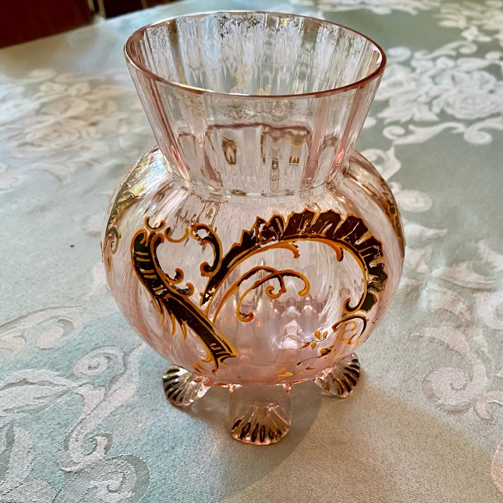 Elegant Pink Glass Gold Hand Painted Design Vase, early 1900s, French